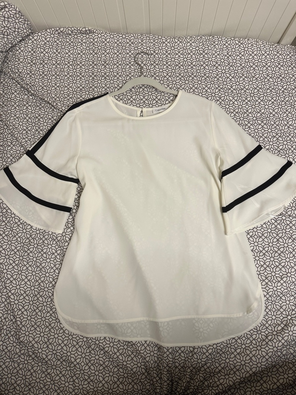 Calvin Klein White Blouse with Black Trimmed Bell Sleeves